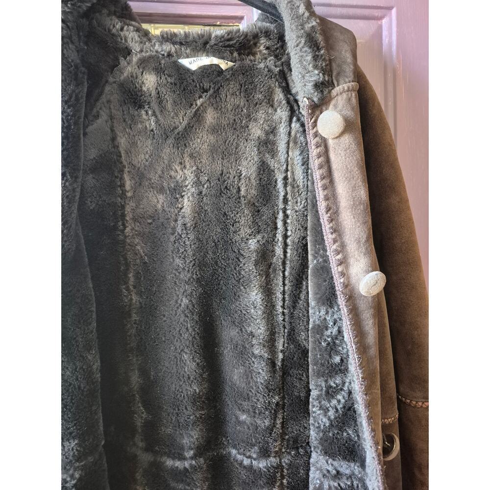 Vintage Marvin Richards genuine suede patchwork trench coat with hood womens Med - Picture 6 of 13